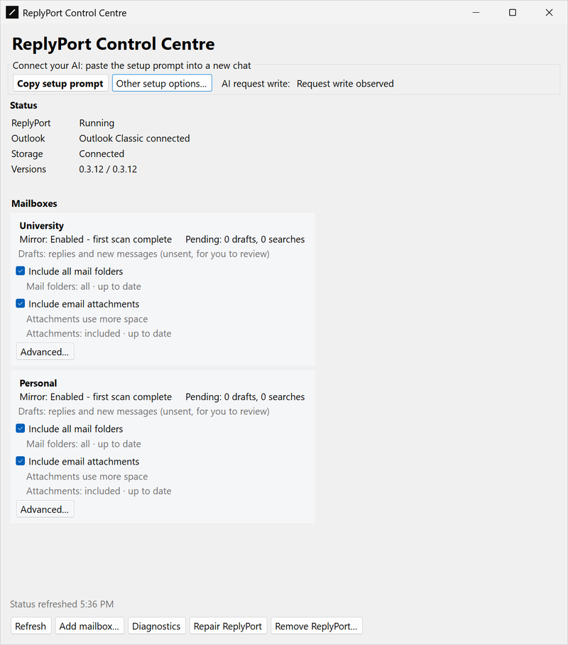 ReplyPort Control Centre showing ReplyPort running, Outlook Classic connected and storage connected, with two example mailbox cards, University and Personal. Each card shows mail copying enabled, Include all mail folders and Include email attachments turned on, and both up to date.