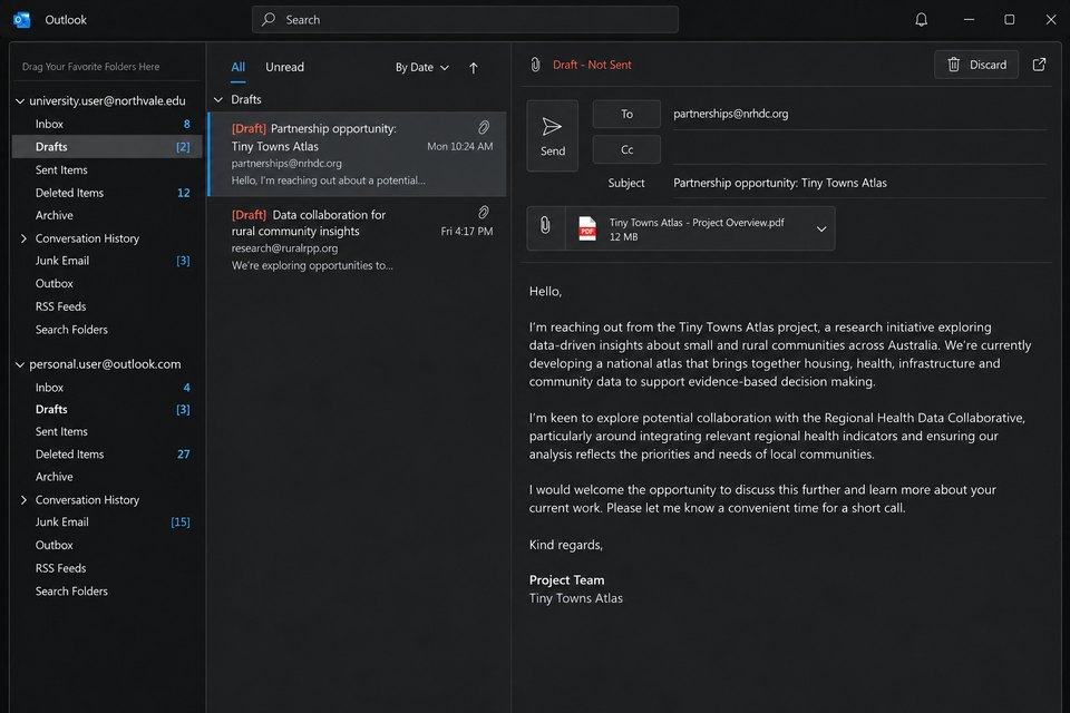 Outlook Classic with a university account and a personal account, each with its own Drafts folder. An unsent draft is open in the university account.