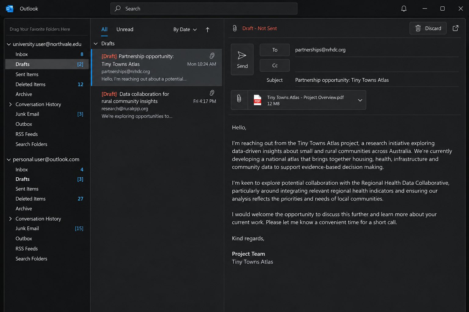 Outlook Classic in dark mode with two accounts, a university account and a personal account, each with its own Drafts folder. An unsent draft with a PDF attached is open in the university account, marked Draft - Not Sent, with the Send button still waiting.